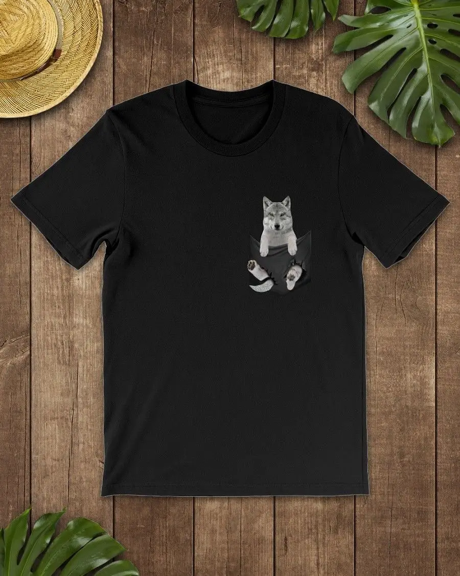 Wolf In Pocket Classic T-Shirt Lovely Dogs T Shirt Black Cotton Men Unisex Tees