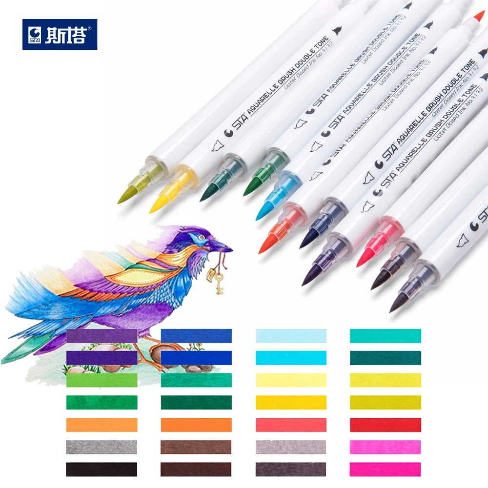 

STA Premium Watercolor Brush Art 14Pcs Dual Tips 28Color Marker Set Water Based Marker Pen for Adults Kid Coloring Book Supplies