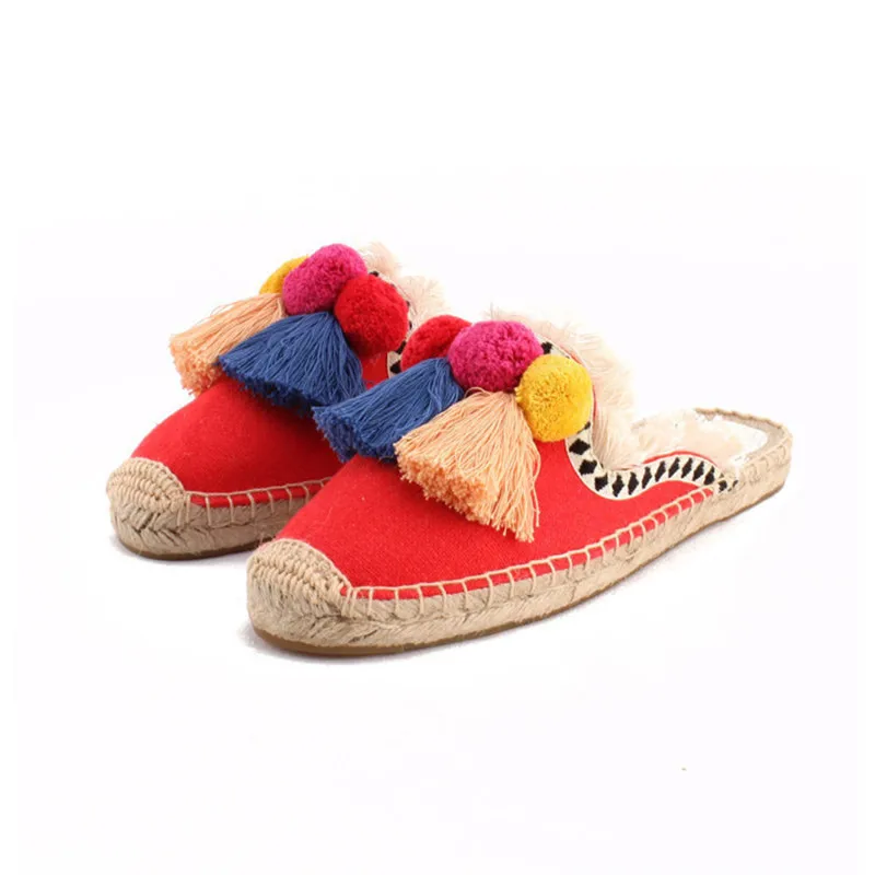 2019 Summer Autumn Fur Balls Mules Casual Shoes Woman High Quality Canvas Hemp Slippers Slip On Rope Female Flats Slides Shoes (4)