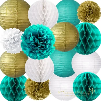 

Nicro 16 pcs/set Gold White Green Hanging Party Lanterns Pompons Decor DIY Birthday Baby Shower Decoration Home Party #Set82