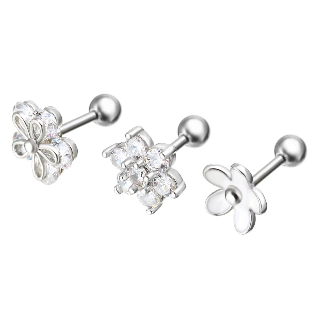 3pcs Nail Bone Barbell Piercing Cartilage Ring Jewelry For Women CZ Flower Ear Cartilage Tragus Helix Earrings Body Jewelry Gift