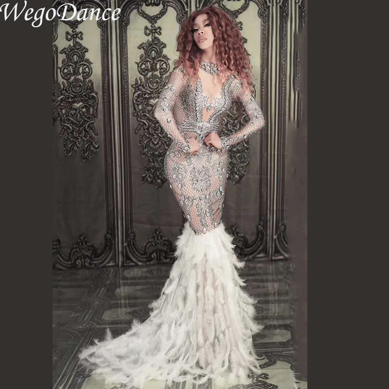 

New Fashion Luxurious Sparkly Crystals Lycra Fabric Long Feather Dress Birthday Celebrate Stones costume Bridal Dresses