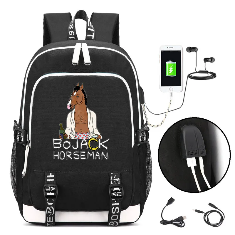 

BoJack Horseman Backpack with USB Charging Port and Lock &Headphone interface for College Student Work boy girl