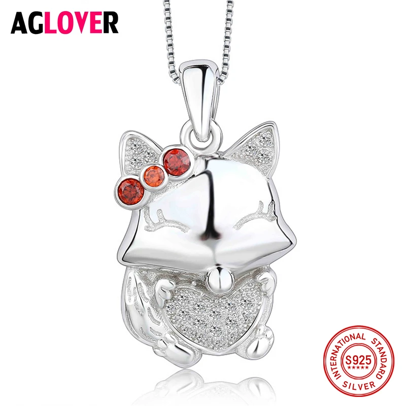 

925 Silver Women AAA Crystal Jewelry Clavicle Chain Necklace Austrian Crystal Cute Cat Pendant Box Chain Fashion Charm Necklace