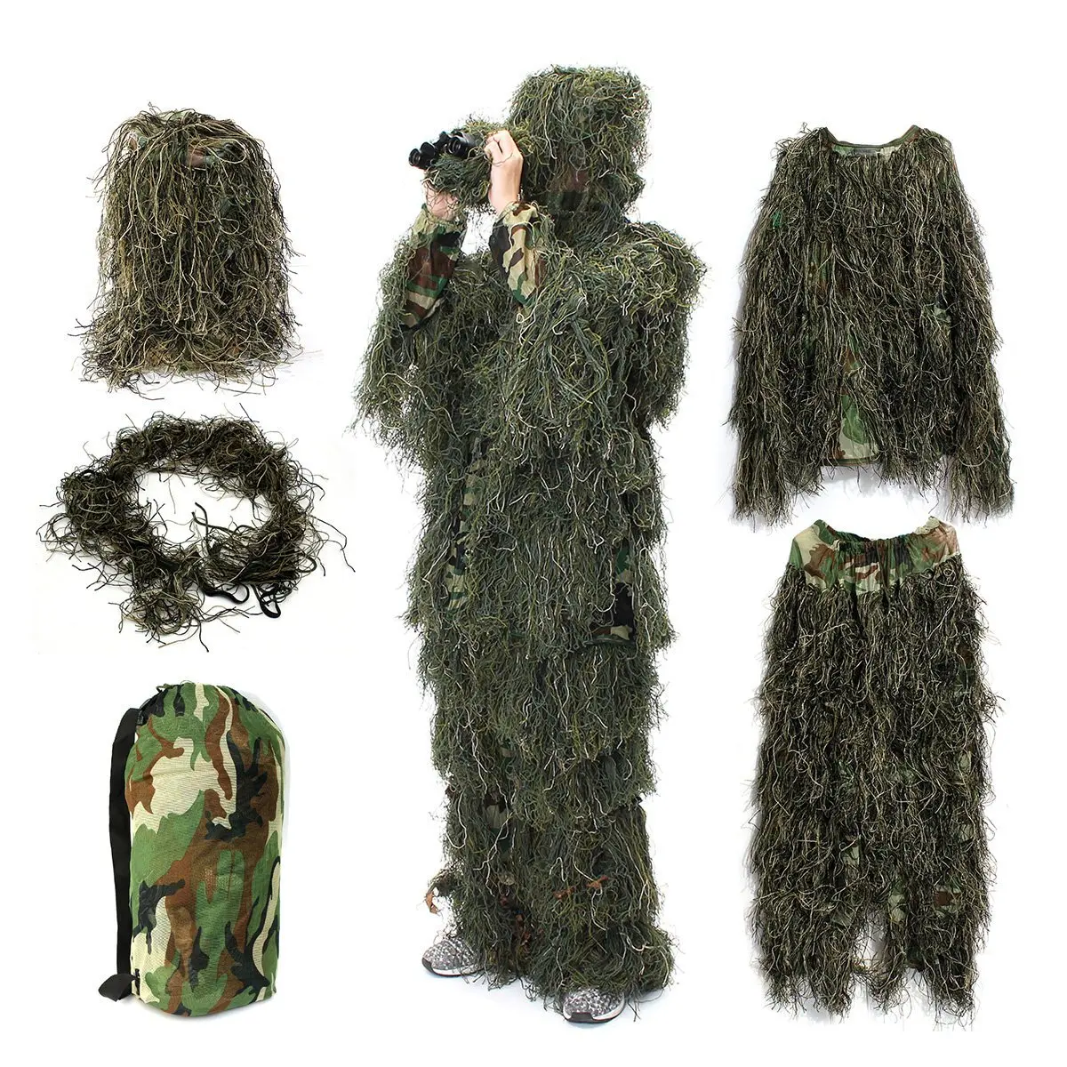 Woodland Ghillie Suit Camo Hunting Clothes Army Uniform Multicam Camuflagem Jacket Pants Hat Gun
