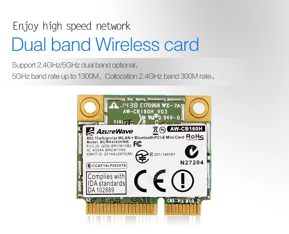 Двухдиапазонная беспроводная Wifi карта 1300 Мбит/с Broadcom BCM94360HMB Mini PCI Express 802.11ac Bluetooth 4.0AW-CB160H 3x MHF4 антенны