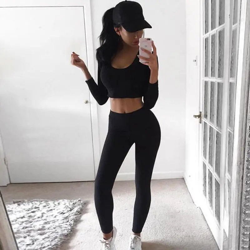 Sexy Women Yoga Set 2PCS Gym Fitness Running Workout Long Sleeve Crop Top Pants Leggings Clothes Tights Sportswear Activewear