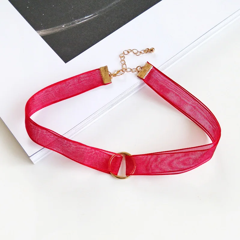 

Statement Black Red Korean Cute Student Girl Tattoo Hollowed Ribbon Lace Chokers Necklaces with Round Circle for Women