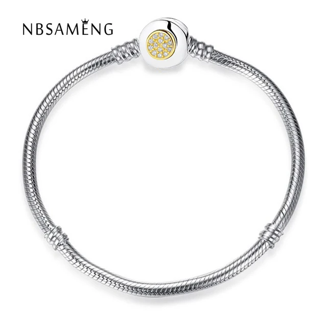 

Authentic 925 Sterling Silver Moments Two Tone With Signature Clasp Clear CZ Snake Chain Bracelet Fit Pan Bangle DIY Jewelry