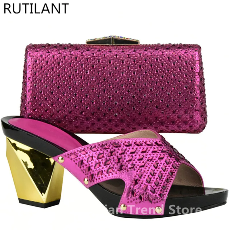 New Arrival Fuchsia Italian party shoes and bag sets Decorated with Rhinestone Shoe and Bag