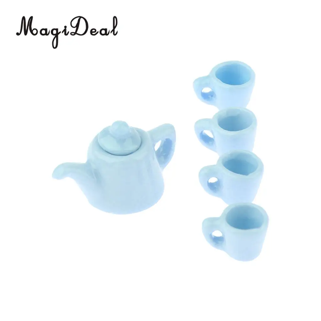 5 Pieces 1/12 Dollhouse Miniatures Dining Ware Porcelain Tea Cup Set Kitchen Accessory Blue
