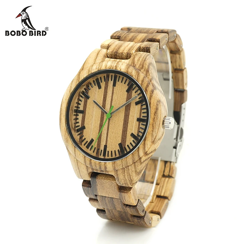 BOBO BIRD V-K28 Zebra Wood Wristwant Mens Style Wood Dial Green Second Hand Quartz Watch Wood/Leather Strap in Gift Box