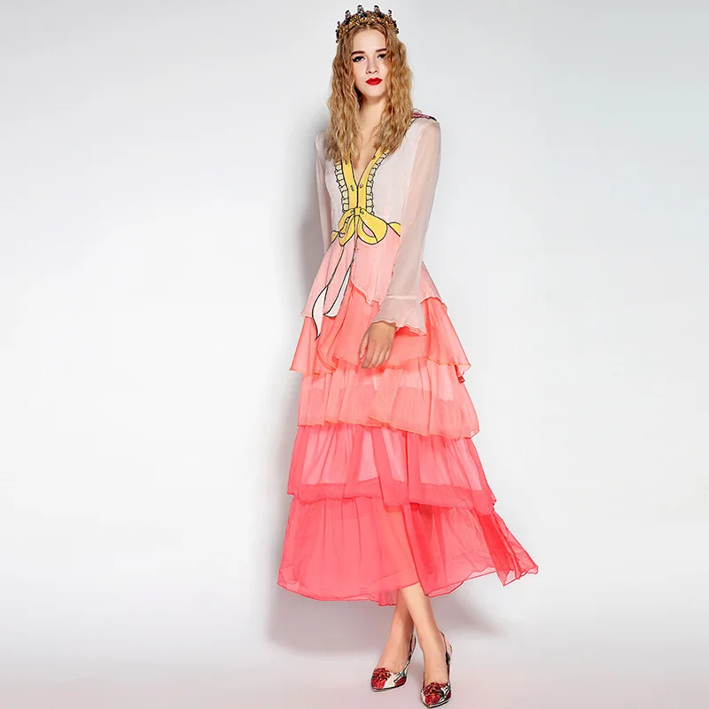 Новинка весны, женское элегантное подиумное платье хорошего качества, женское Макси платье с v-образным вырезом, оборками и бантом, расшитое блестками, Vestdios - Цвет: Розовый