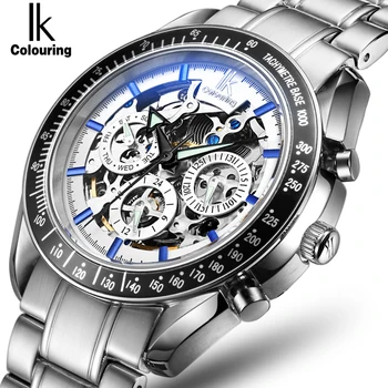 

IK Brand Original Men Automatic Watch Skeleton Multifunction Dial Auto Date Day 24 Hours Stainless Steel Male Wrist Clock