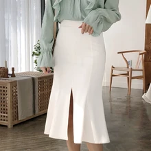 Белый раскол юбка летние новые пикантные женские оборками Русалка, вечерние элегантные юбки