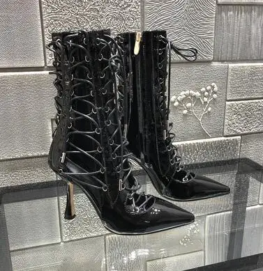 Negro De vino T Tacones Dipsloot verano Corte Pictures Tobillo Damas Correa 2019 Mujeres Sexy as Tinto etapa Encaje Zapatos Toe Señaló Stiletto Sandalias Vestido Botas wqqRtfg
