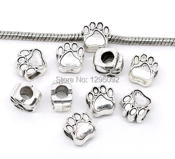 

100Pcs Silver Tone Dog 's Paw Animal Spacer European Beads Fit Charms Bracelets Jewelry Charms Component Wholesale 11x11mm