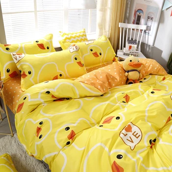 

High Quality Yellow Duck Cartoon Style Bedding Set Bed Linings Duvet Cover Bed Sheet Pillowcases Cover Set 4pcs/set 49