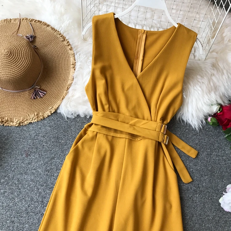 Sleeveless V-neck High Waist Sashes Wide Leg Jumpsuit