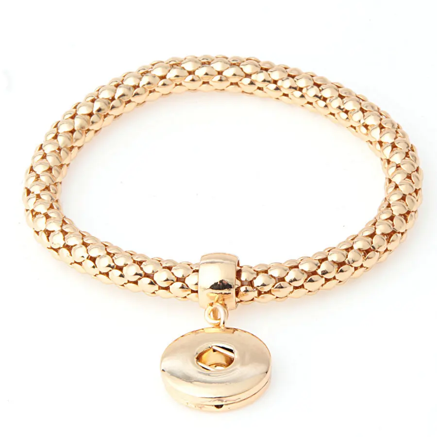 Gold Tone Metal Popcorn Chain Snaps Button Bracelet With Pendent Charm