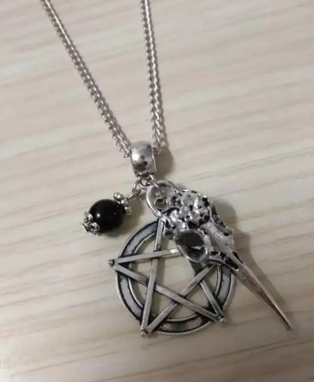 

Vintage Style Raven Skull Head Pentagram Mix beads Pendant Necklace Charm Punk Gothic Jewelry 1 pcs