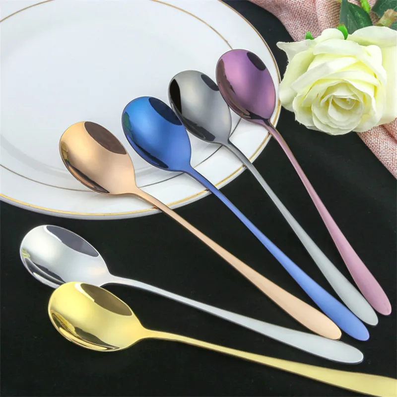 

6 Color Stainless Steel Spoons With Long Handle Rose Gold Soup Spoon for Ice Cream Dinner Spoons Rice Salad Tableware