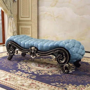 

antique modern design European Style sky blue solid wood carving leather Bed End Stool Bench