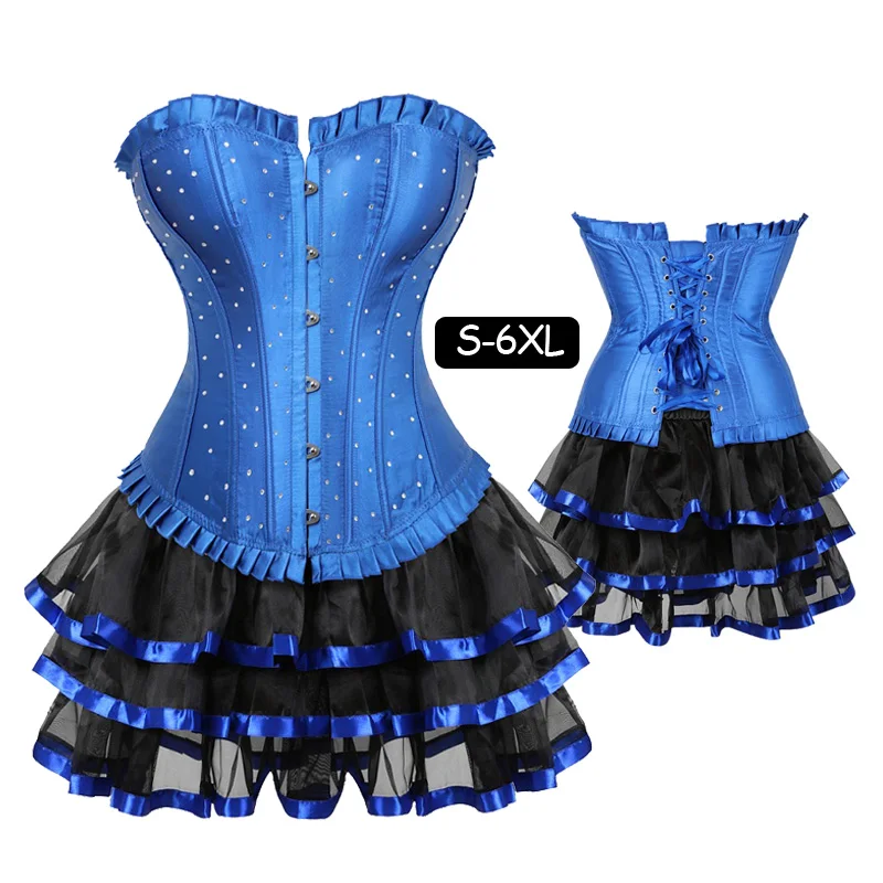 

Women's Lace Up Satin Rhinestone Overbust Corset Bustier Dress Waist Training Corsets skirts set Sexy Clubwear Plus Size 5XL 6XL