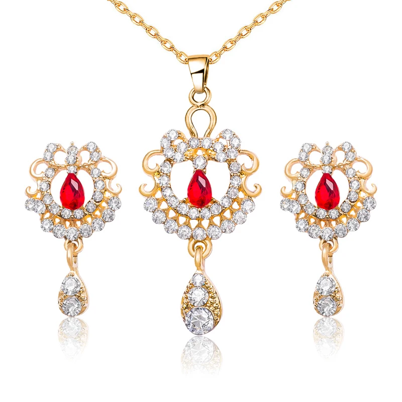 

SHUANGR New Vintage Luxury Waterdrop Pendant with Red Austrian Necklace Earrings Set For Women Wedding Indian Jewelry Set Gift