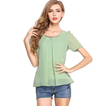 

Short Sleeve Chiffon Tops and Blouse Womens Sequined Puff sleeve Blouses Summer O-neck Blus Office Lady Top Women Clothing