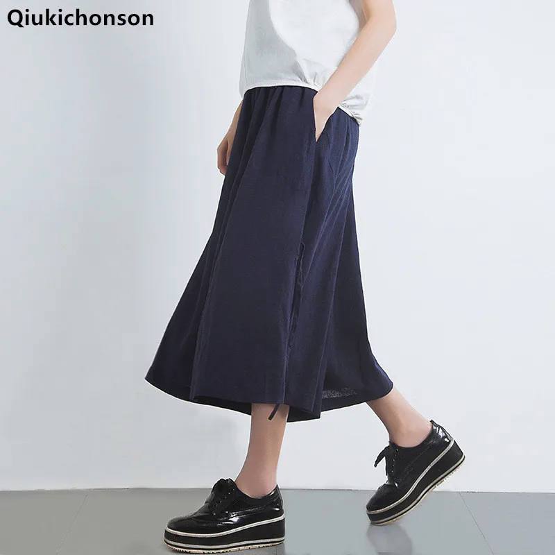 

Qiukichonson Cotton Linen Pants Women 2018 Spring Summer Literary Vintage Middle Aged Women Elastic Waist Casual Wide Leg Pants