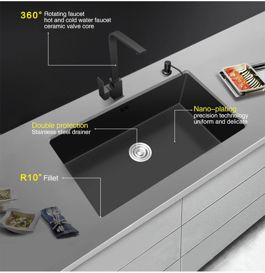 Кухонная мойка нанометровая Антибактериальная черная 304 нержавеющая сталь одинарная кухонная раковина сливная корзина и сливная труба