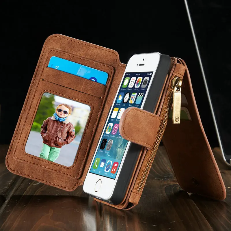

YMNLCX For iPhone SE 5S 5 Wallet Case with Detachable Slim TPU PC Case,Luxury Handmade,TRIFOLD Leather Cover For iPhone 5 Wallet