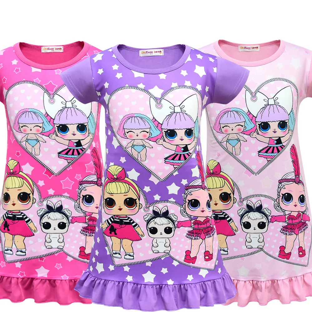 

LOL Dolls Kids dresses For Girls Polyester Short O-neck Casual Cartoon Pajama Girls Wedding Birthday Party Ruffle Princess Dress