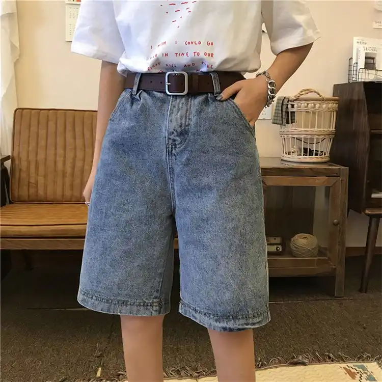 high waisted denim shorts knee length