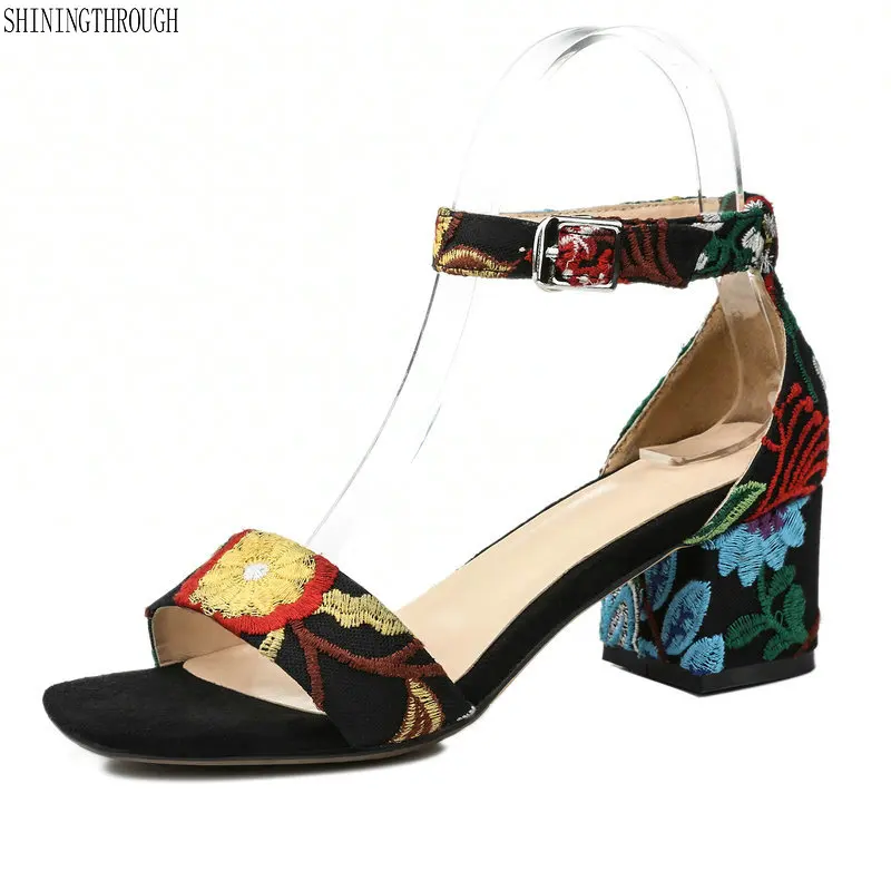 

Summer Shoes Woman Sandals embroider High Heels ethnic style Ankle Strap Sandals Female High Heels Sandals Size 42