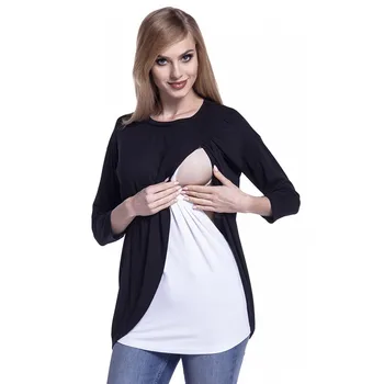 

Women's Maternity Patchwork Nursing Wrap Top 3/4 Sleeves Double Layer Blouse T Shirt Loose Comfortable Pregnant Blouse Top
