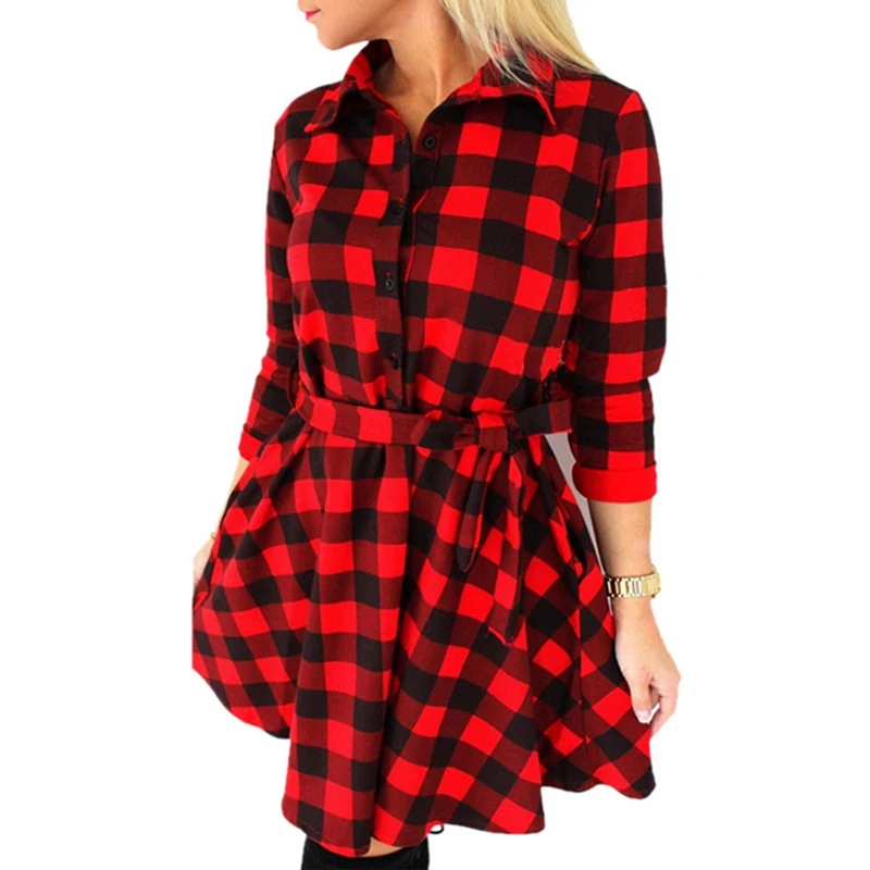 

Laamei 2019 Fashion Plaid Short Women Dress 3/4 Sleeve Women Shirt Dress Plaid Dresses Casual Slim Fit Lace Up Mini Vestidos