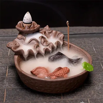 

Incense Burner Two Fishes Incense Holders Ceramic Backflow Incense Burner Purple Clay Smoke Cone Sticks Holder Mosquito Incense