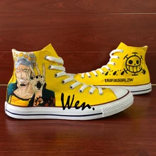 Wen Anime Hand Pained Yellow Canvas Shoes Design Custom One Picec Trafalgar Law High Top Men Women’s Canvas Sneakers