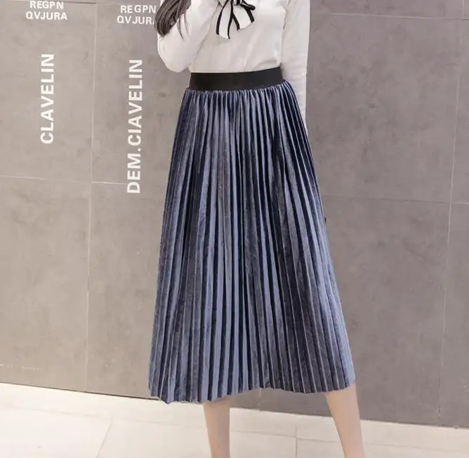 pleated midi skirt New 2019 Autumn Winter Elastic High Waist Skirt Solid Casual Pleated Skirts Womens Striped Jupe Femme Velvet Saias Midi Skirt cute skirts Skirts