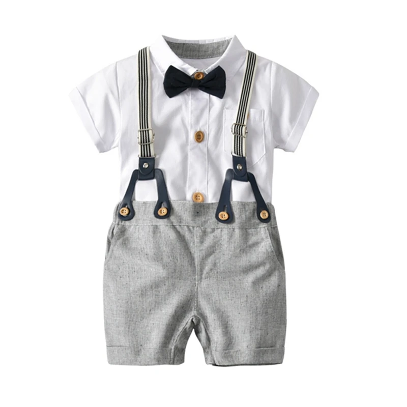 

Kids Baby 3Pcs Set Lapel Solid Color Button Cotton Short-Sleeved T-Shirt +Jumpsuit Bib Pants+Bow Tie Outfits Gentleman Suit