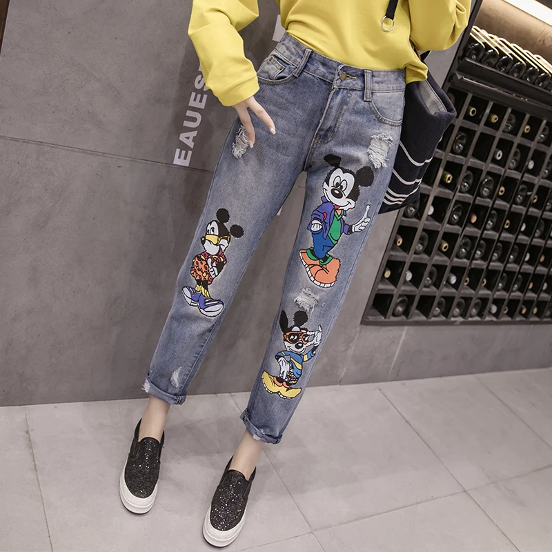 

5Xl Plus Size Ripped Boyfriend Jeans For Women Mickey Mouse Jeans Woman Loose Distressed Boyfriend Jeans Harem Denim Pants Femme