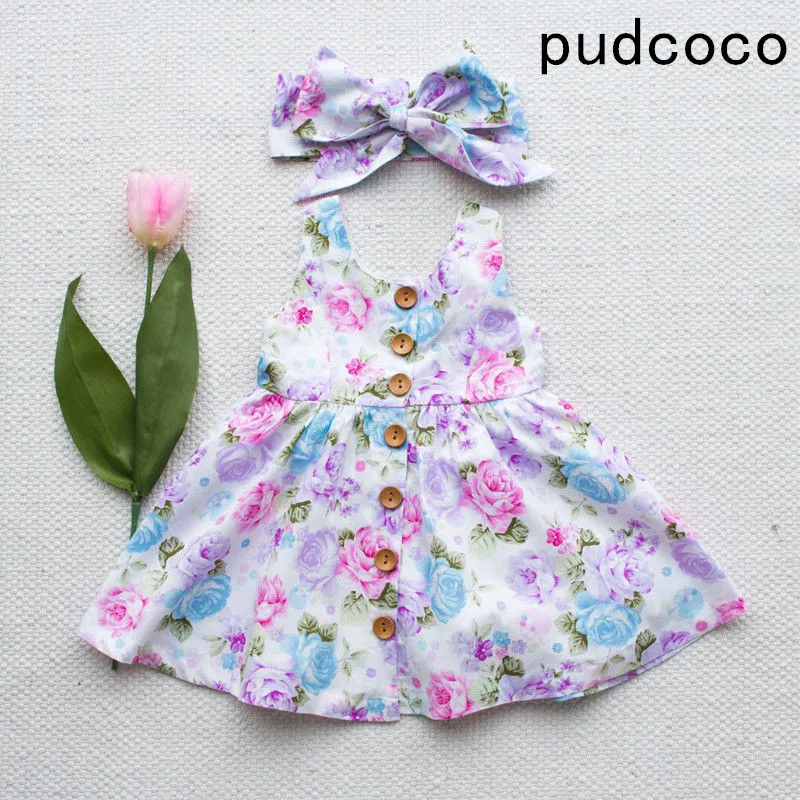 

Toddler Kids Baby Girl Floral tank dress match headband Summer button sleeveless sundress infant girl Clothes
