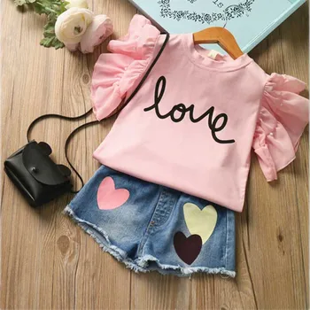 

Baby Children Clothes Sets Girl Fly Sleeve Flower Cotton Shirt + Cowboy Shorts Summer Girls Boutique Outfits Teen Girls Clothing