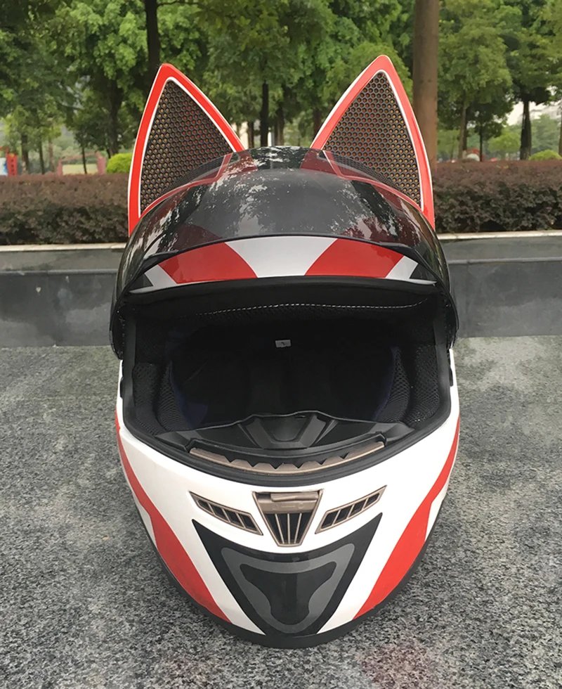 Милые кошачьи ушки Автомобильная гонка анти туман полный шлем capacete мото мотоциклетный шлем полная лицевая маска белый шлем