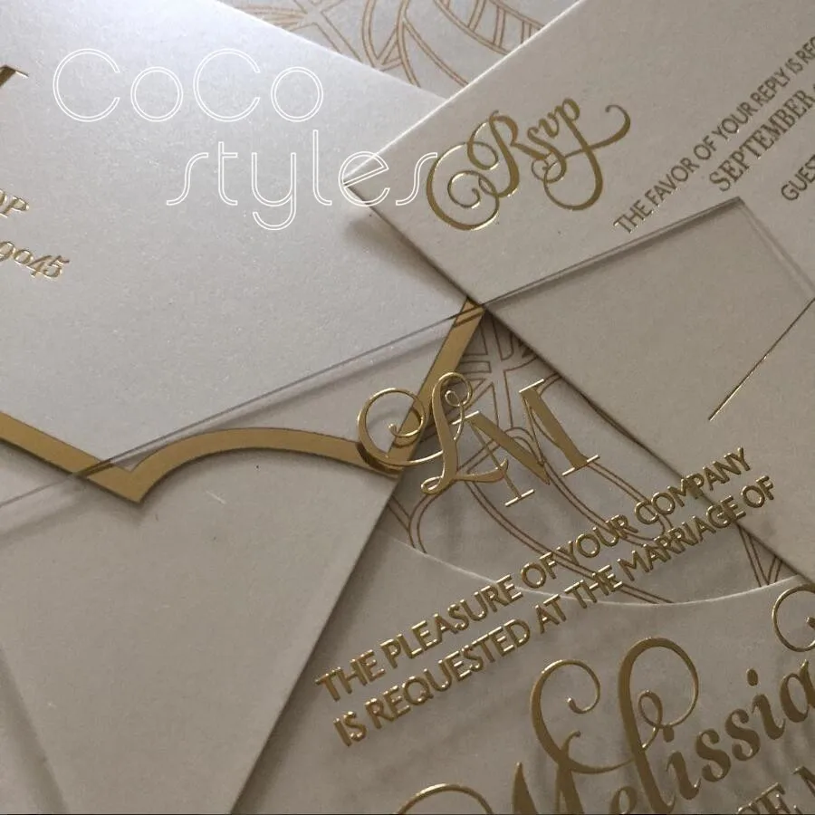  Cocostyles customized lucid clear acrylic invitation card with gold foiling printing for fashion we - 32891254098
