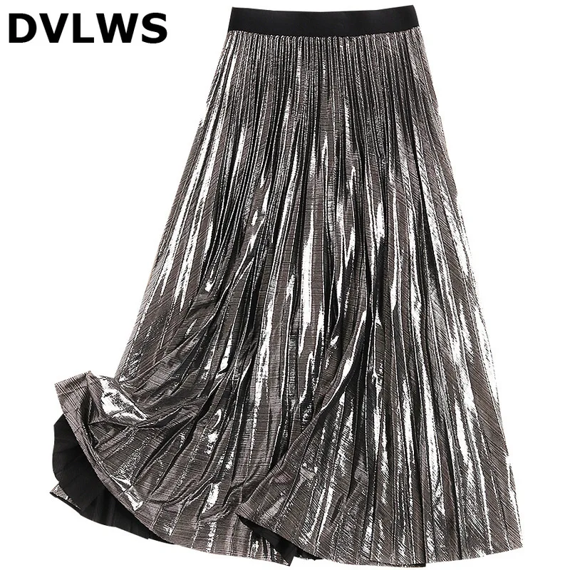 

Skirt 2019 Spring New Style Women Fashion Glittery Threads Pleated Midi Skirt High Waist Umbrella Skirt a Generation of Fat 1037