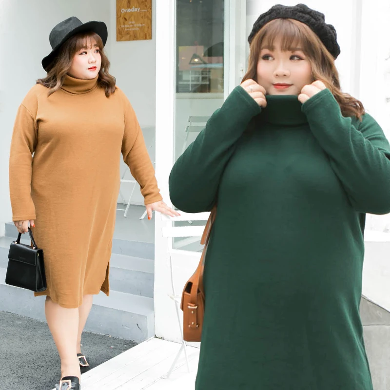 

100 Kg Plus Size Women Winter Cloth Was Thin Fat MM Turtleneck Knit Femme Knee Length Solid Color Loose Warm Wild Dress MZ3266