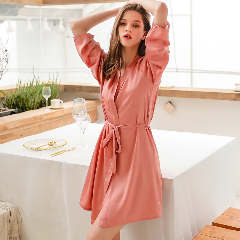 Shetelisi 2019 New Arrivals Satin Women Bathrobe Hollow out Lace Patchwork Robe with Sash sp0099